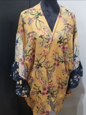 Mustard Floral Kimono with Navy & Cream Ruffle Sleeves